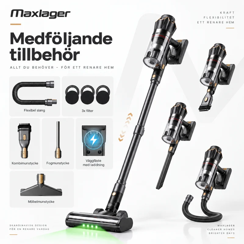 Maxlager V30 Pro – Sladdlös Dammsugare 800W, 75 kPa & Upp till 95 min Batteritid