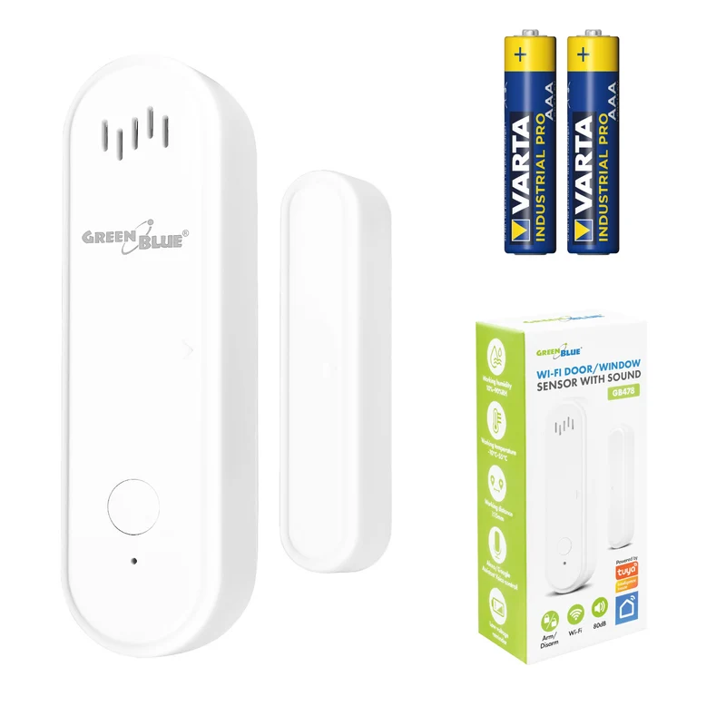 Trådlös kontaktor/öppningssensor via WiFi från GreenBlue, Android/iOS, för dörrar/fönster, 3,0 V DC, LR03x2, med larm, GB478 + 2 st R-03 LR03 AAA-alkaliska batterier från Varta Industrial 4003