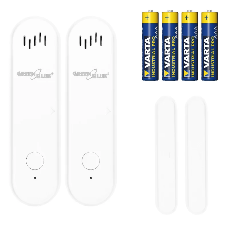 Trådlös kontaktor/öppningssensor med WiFi från GreenBlue, Android/iOS, för dörrar/fönster, 3,0 V DC, LR03x2, med larm, GB478 2 st + 4 st AAA-alkaliska batterier Varta Industrial 4003