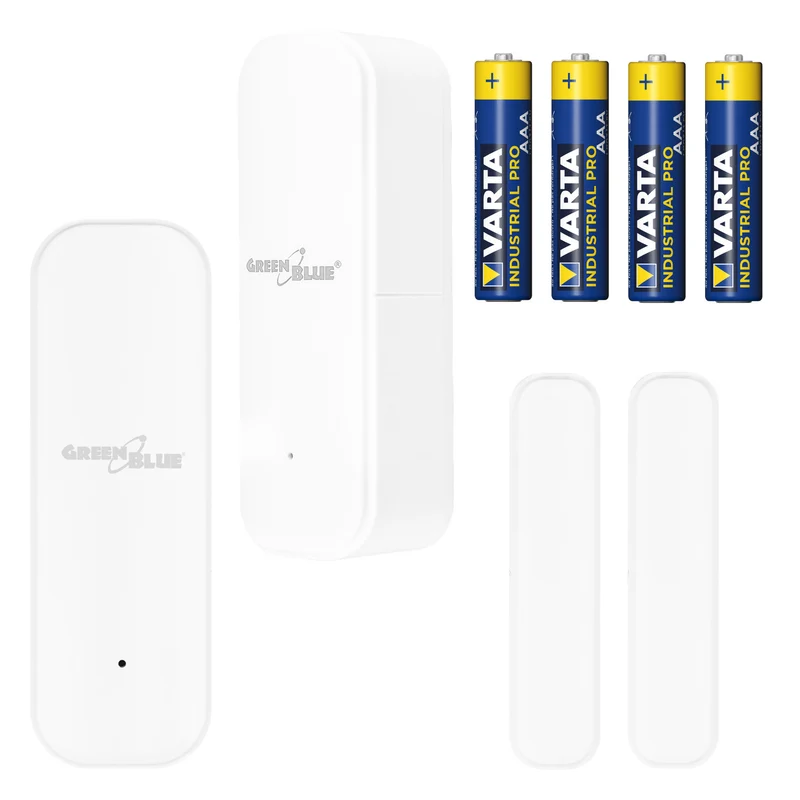 Trådlös kontaktor/öppningssensor med WiFi från GreenBlue, Android/iOS, för dörrar/fönster, 3,0 V DC, LR03x2, GB479, 2 st. + 4 st. AAA-alkaliska batterier Varta Industrial 4003