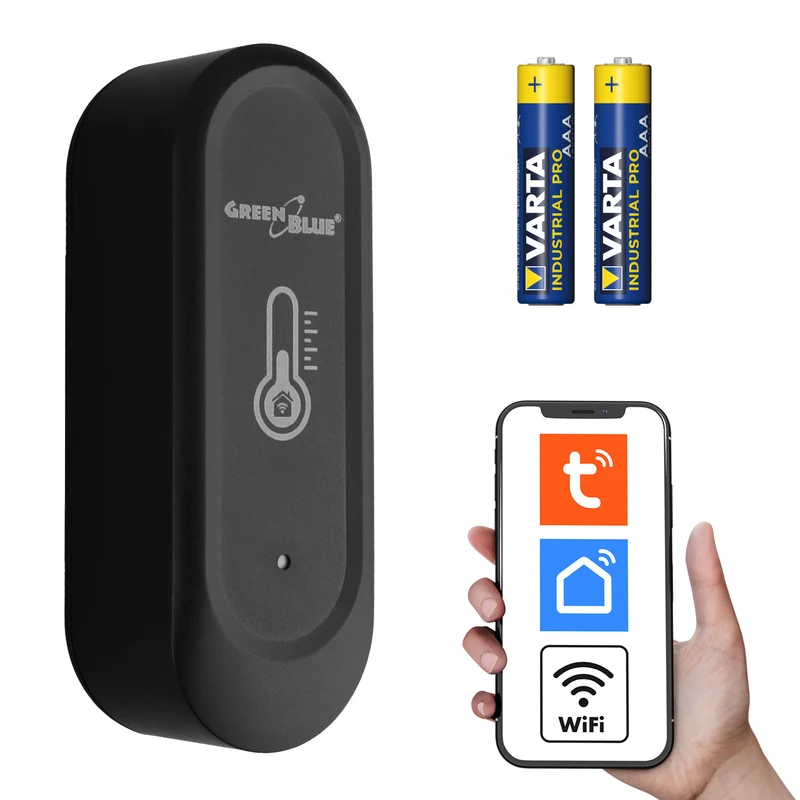GreenBlue extern WiFi-sensor för temperatur och luftfuktighet, Android/iOS, 3,0 V DC, LR03x2, IP65, GB741 + 2 st. R-03 LR03 AAA-alkaliska batterier från Varta Industrial 4003
