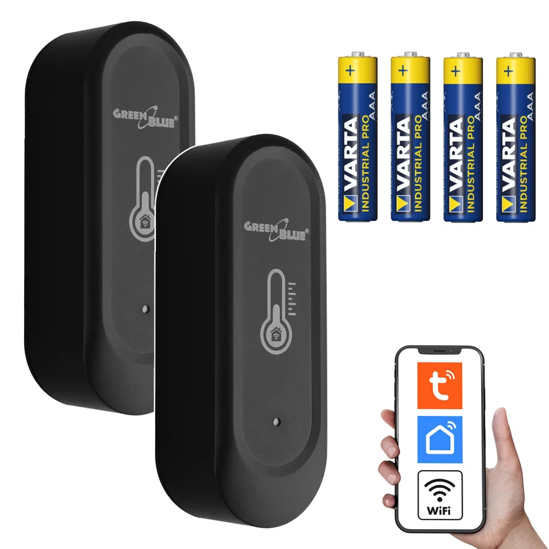 GreenBlue extern WiFi-sensor för temperatur och luftfuktighet, Android/iOS, 3,0 V DC, LR03x2, IP65, GB741, 2 st + 4 st AAA-alkaliska batterier Varta Industrial 4003