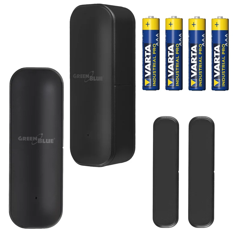 Trådlös kontaktor/öppningssensor med WiFi från GreenBlue, Android/iOS, för dörrar/fönster, 3,0 V DC, LR03x2, GB479 B, 2 st + 4 st AAA-alkaliska batterier från Varta Industrial 4003