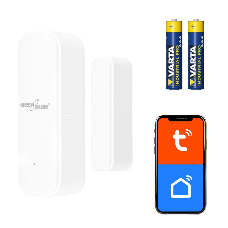 Trådlös kontaktor/öppningssensor med WiFi från GreenBlue, Android/iOS, för dörrar/fönster, 3,0 V DC, LR03x2, GB479 W + 2 st R-03 LR03 AAA-alkaliska batterier från Varta Industrial 4003