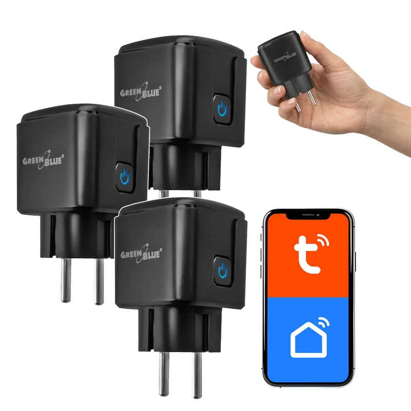 GreenBlue fjärrstyrt WiFi-uttag, Android/iOS/Alexa/Google Home, timer, effektmätare, max 16 A/3840 W, GB735 B, 3 stycken