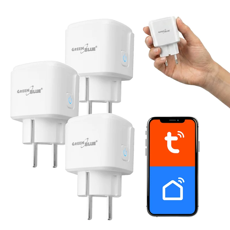 GreenBlue fjärrstyrt WiFi-uttag, Android/iOS/Alexa/Google Home, timer, effektmätare, max 16 A/3840 W, GB735 W, 3 stycken