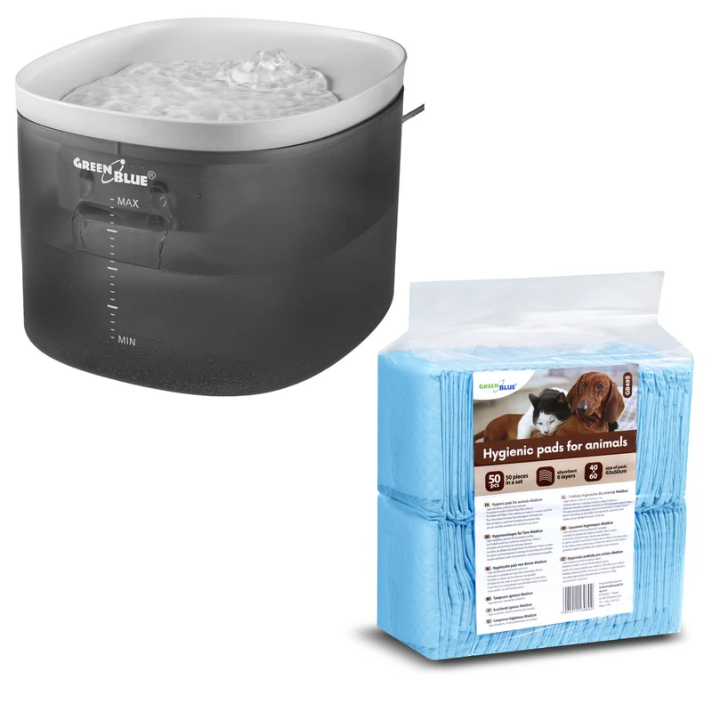 GreenBlue automatisk vattendispenser / drickare för husdjur, 3L, USB 5V1A, GB392 + GreenBlue hygienkuddar/mattor för hund/katt, för kissträning, 60x40cm, 50st, GB495