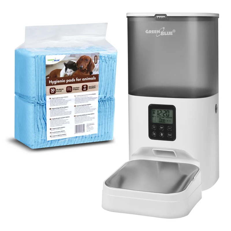 GreenBlue automatisk foderautomat för husdjur, 6L, USB 5V1A, GB393 + GreenBlue hygienkuddar/mattor för hund/katt, för kissträning, 60x40cm, 50st, GB495