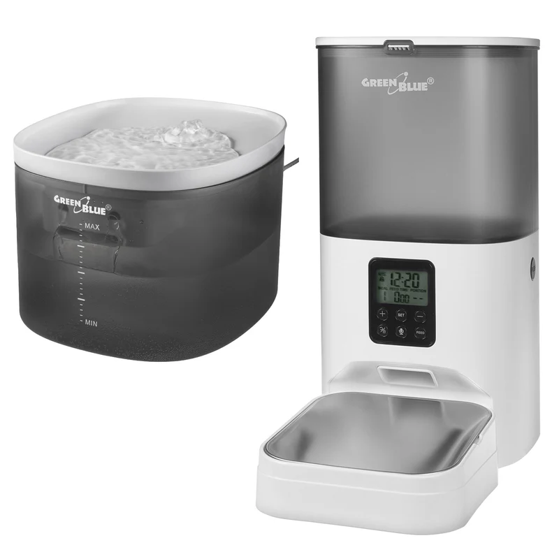 GreenBlue automatisk vattendispenser / drickare för husdjur, 3L, USB 5V1A, GB392 + GreenBlue automatisk matningsautomat / matare för husdjur, 6L, USB 5V1A, GB393