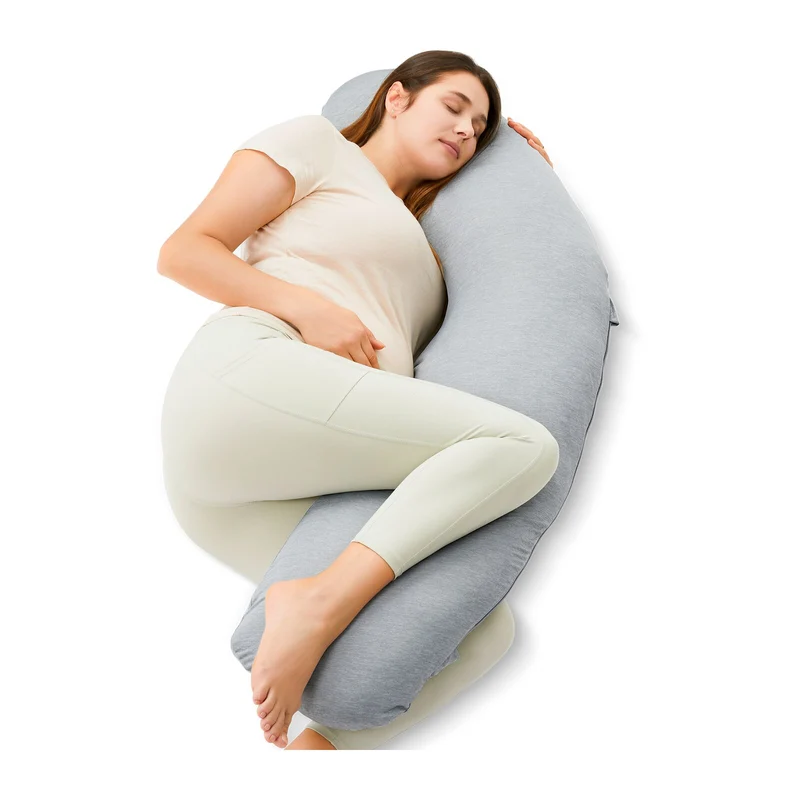 Momcozy J Shaped Jersey Fabric Pregnancy Pillow Light Grey