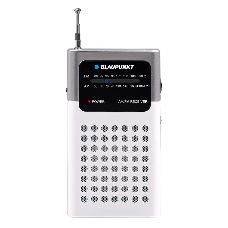 Blaupunkt bärbar AM/FM-radio, inbyggd minijack-uttag, inbyggd förstärkare, teleskopantenn, lätt och smidig, drivs med två AA-batterier (3 V), PR4WH