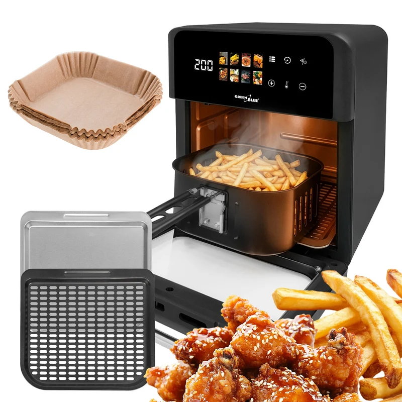 GreenBlue AIR FRYER oljefri fritös, kraftfull 1800 W, volym 10 l, 8 program, tillbehör, timer, GB950 + papperspåsar 16 cm, 100 st