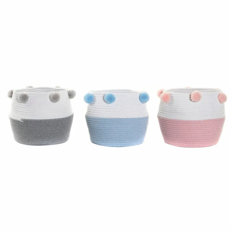 Basket set DKD Home Decor Pompoms 30 x 30 x 26 cm Wood