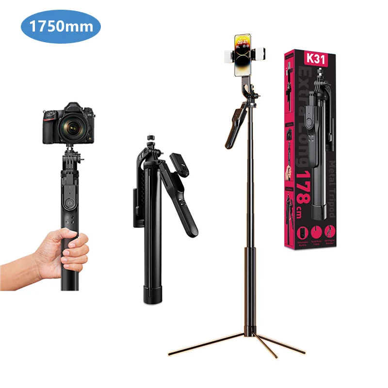 Selfiepinne, 175 cm, med LED-ljus, fjärrkontroll och stativfunktion