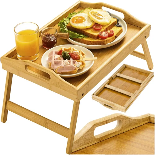 Vikbart frukostbord i bambu – perfekt för sängen