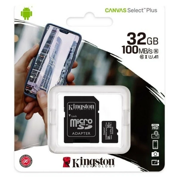 Kingston 32GB micro SD minneskort med adapter 100 MB/S