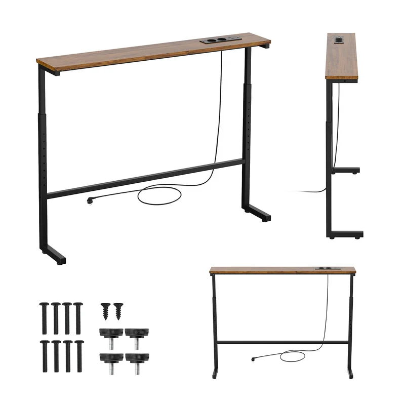 Konsol/bord med laddningslist från Maclean, svart med rustik bordsskiva, höjdjusterbar 62–83 cm, max 25 kg, kabel 2,5 m, MC-140 B
