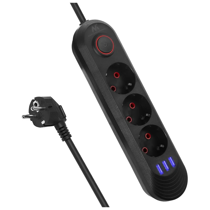 Maclean grenuttag, förlängningskabel 3 uttag + 3xUSB, 110-240V AC 50/60Hz, 2.1A max 2500W, 1.5m, svart, MCE394 B