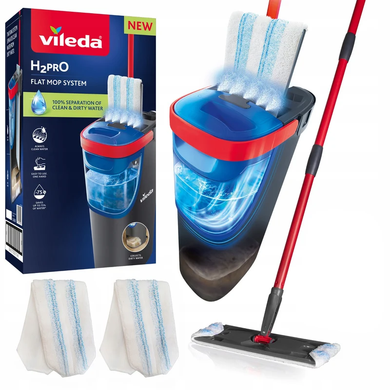 Vileda H2prO flat mopp, 100 % separation av rent och smutsigt vatten, två behållare, 2 mikrofiberdukar, 360°-munstycke, 175774