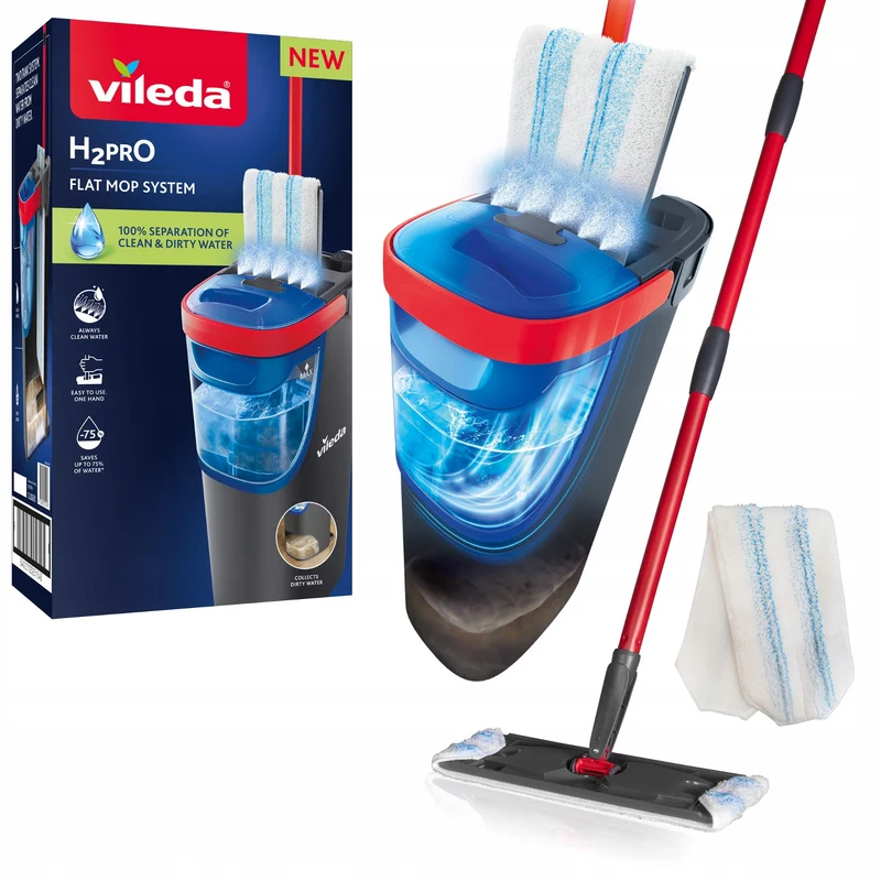 Vileda H2prO flatmopp, 100% separering av rent och smutsigt vatten, två behållare, mikrofiberrondell, 360° spets, 175774