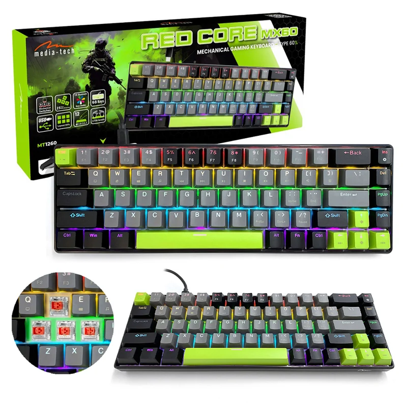 Mekaniskt tangentbord 60% RED CORE MX60 MT1260, tangentbelysning, Mediatech