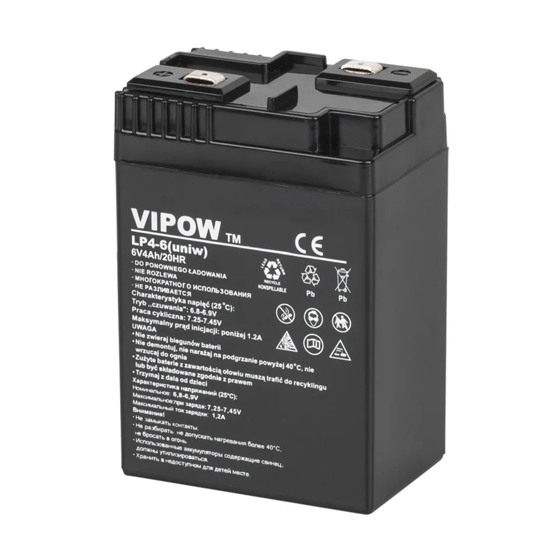 Vipow gelbatteri, underhållsfritt, lång livslängd, 6V 4Ah, BAT0204