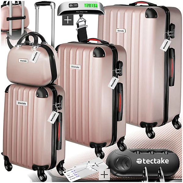 Suitcase Set Cleo - 3 suitcases, 1 beauty case, including luggage scales and tags, Rose Gold