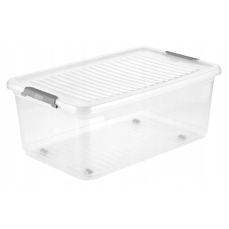 Leo Keeper-behållare med lock, volym 37 liter, genomskinlig, med hjul, lock som stängs med klämmor