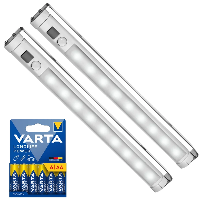 2 st Maclean LED-kökslampor, för montering under skåp, 9 SMD-lampor, batteridrivna, PIR-sensor med på/av-funktion, MCE166 + 6 st batterier R-06/R06/AA/LR06 1,5 V VARTA Longlife Power
