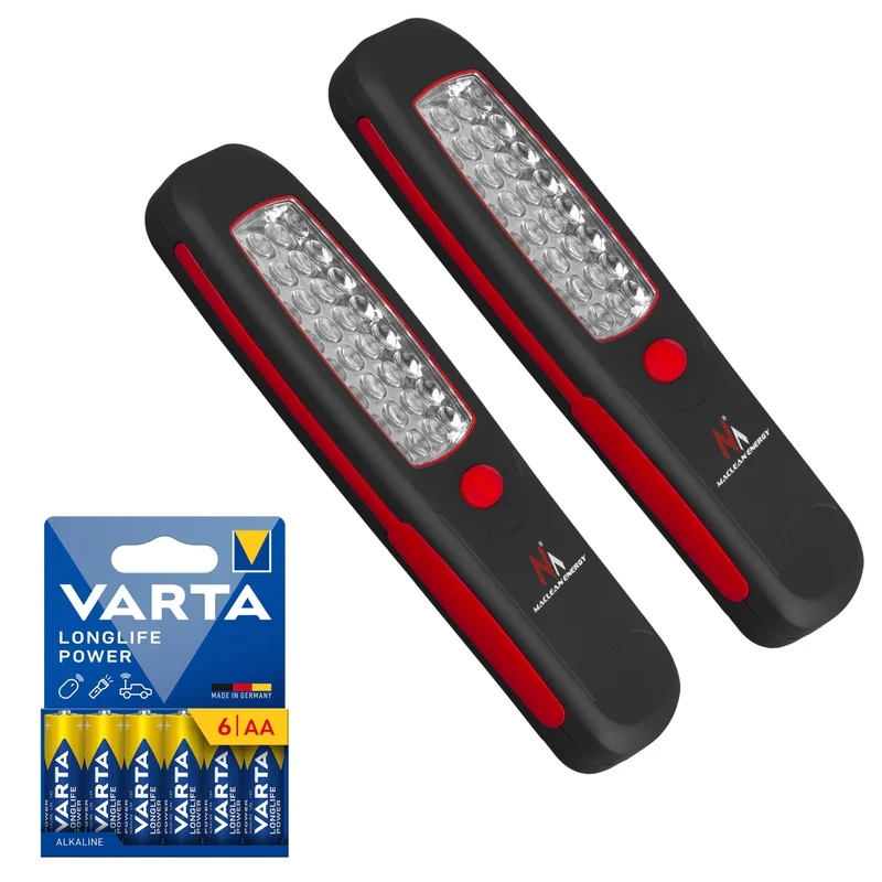 2 st Maclean-verkstadslampor med 24 LED-lampor, magnet, krok, MCE03 + 6 st R-06-batterier (R06, AA, LR06) 1,5 V VARTA Longlife Power