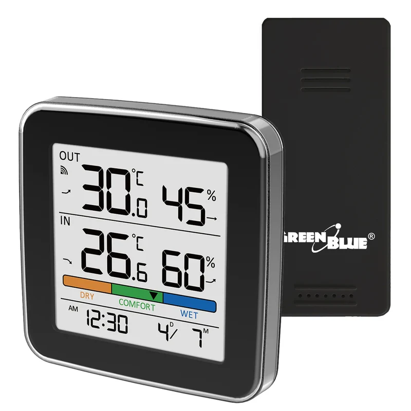 GreenBlue trådlös väderstation, temperatur + luftfuktighet IN/OUT, klocka + alarm + datum, °C / °F, upp till 60 m, svart, GB169 B