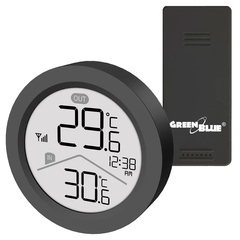 GreenBlue trådlös väderstation, inomhus-/utomhustemperatur, klocka, val mellan °C och °F, räckvidd upp till 60 m, svart, GB162 B