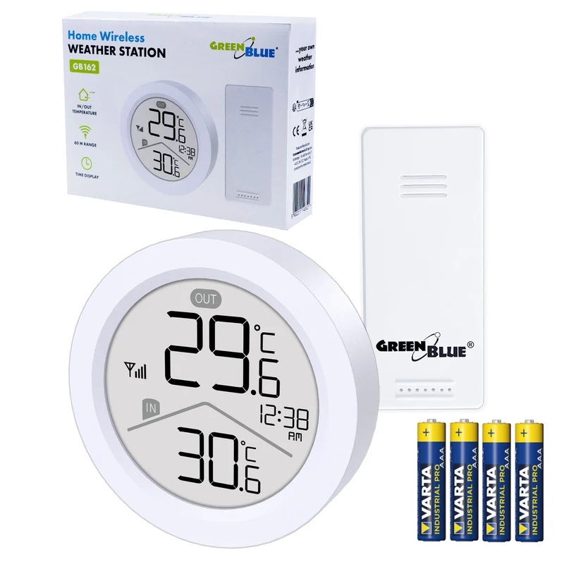 Trådlös väderstation GreenBlue, temperatur IN/OUT, klocka, val mellan °C / °F, räckvidd upp till 60 m, GB162, 4x AAA-batteri