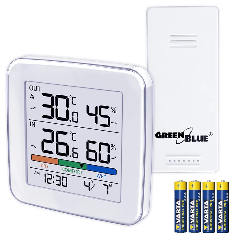 Trådlös väderstation GreenBlue, temperatur + luftfuktighet IN/OUT, klocka + alarm + datum, val mellan °C / °F, räckvidd upp till 60 m, GB169, 4x AAA-batteri