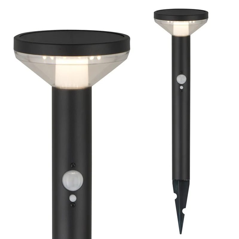Solar LED-lampa med Maclean-sensor, svart, IP44, 3 ljuslägen, Li-ion 18650 batteri 3,7V 1200 mAh, knock-in, MCE465 B