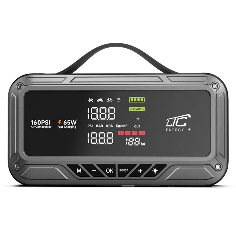 Jump Starter LTC, 12 000 mAh, med kompressor, ficklampa och powerbank, LCD-skärm, effekt 65 W, kablar och fodral ingår, LXJS120