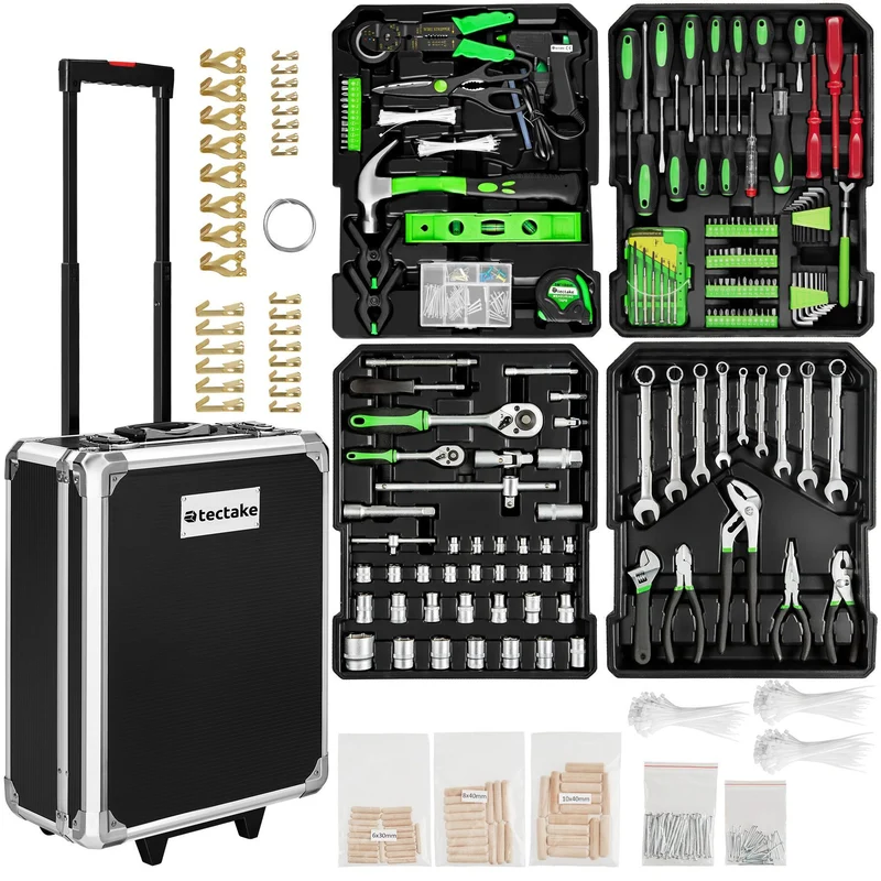 tectake Aluminum Trolley Tool Case, 1,200-Piece Set