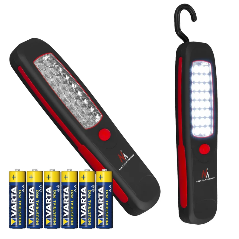 Maclean 24 LED-verkstadslampa, magnet, krok, MCE03 2 st + 6x batteri Varta Industrial LR6/AA R-06