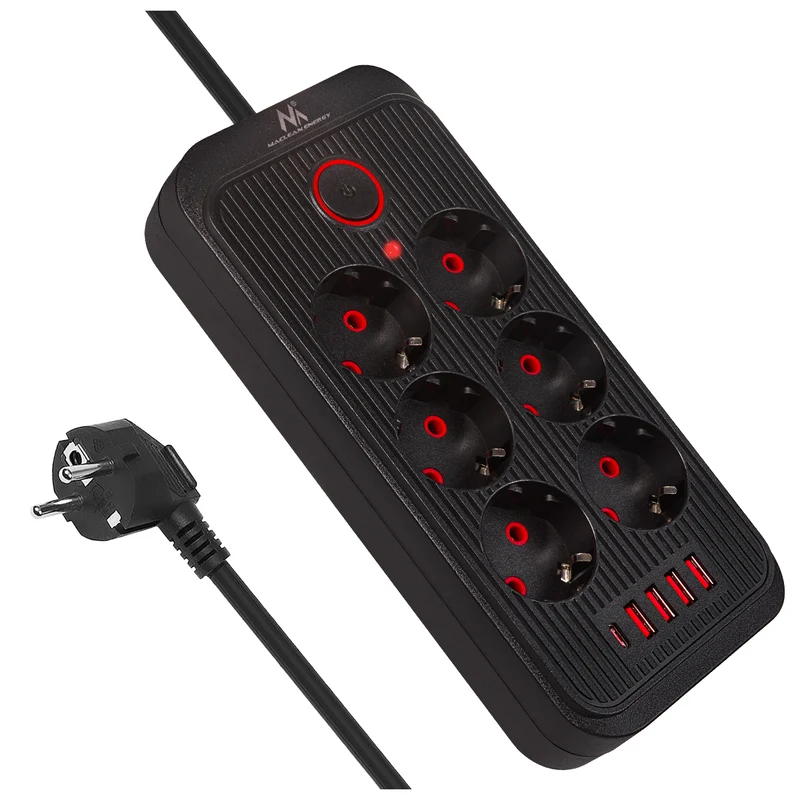 Maclean grenuttag, 6-facks förlängningskabel + 4xUSB, 110-240V AC 50/60Hz, 2.1A max 2500W, 3m, svart, MCE391 B
