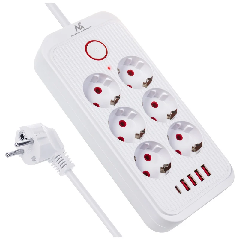 Maclean grenuttag, 6 uttag förlängningskabel + 4xUSB, 110-240V AC 50/60Hz, 2.1A max 2500W, 3m, vit, MCE391 W