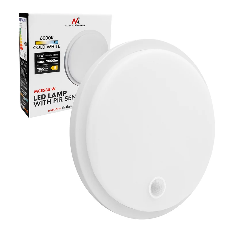 Maclean LED-lampa med rörelsesensor, PIR-sensor, vit, 10 W/15/18 W, IP65, justerbar färgtemperatur 3000/4000/6000 K, MCE535 W