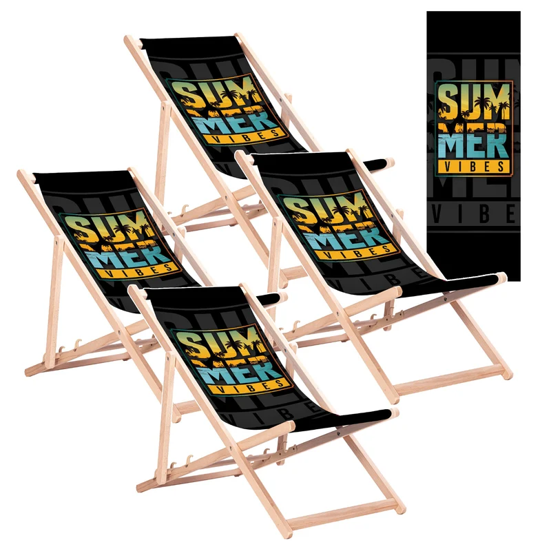 Klassisk solstol i bokträ från GreenBlue, modell GB183, med tryckmönstret ”Summer Vibes”, 4 stycken
