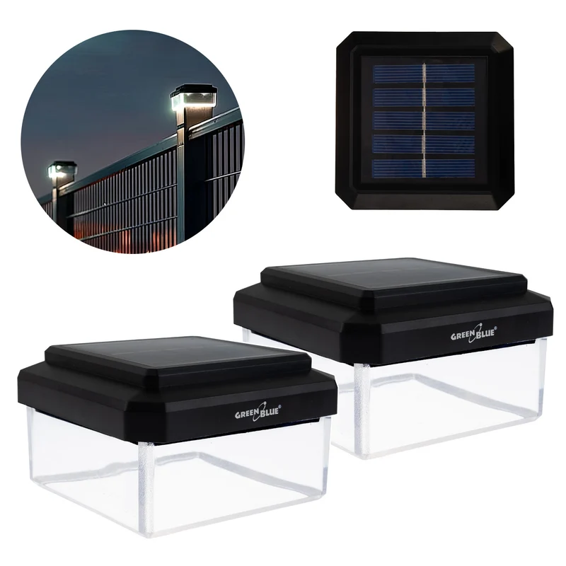 GreenBlue solcellsdriven LED-stolplampa, 80x80 mm, kuvertformad takskärm, 3200 K, GB127 WW, 2 st