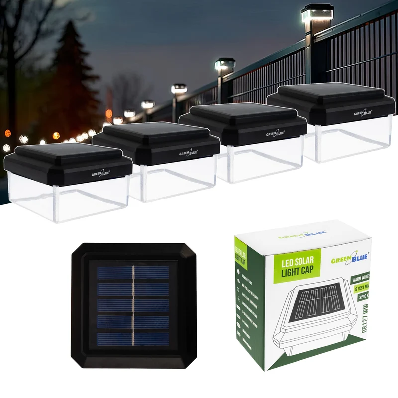 GreenBlue solcellsdriven LED-stolplampa, 80x80 mm, kupligt tak, 3200 K, GB127 WW, 4 st