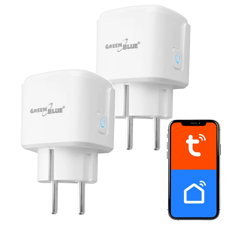 GreenBlue WiFi-styrd eluttag, Android/iOS/Alexa/Google Home, timer, effektmätare, max 16 A/3 840 W, GB735 W, 2 st