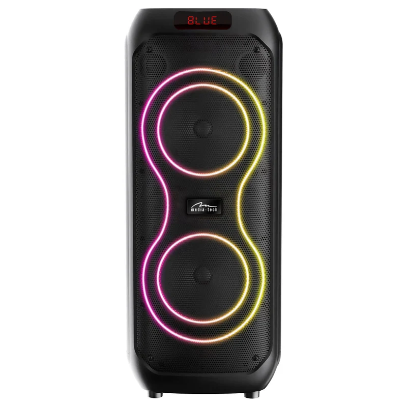 Stor Bluetooth-högtalare, 120 W RMS/1400 W PMPO, två 8-tums högtalare, equalizer, karaokefunktion, MP3/microSD-kort, USB, AUX, BT 5.3+EDR, display, LED, inbyggt batteri, fjärrkontroll, MT3185