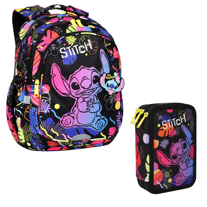 Skolryggsäck 19 L Coolpack Jerry DISNEY STITCH svart + CoolPack pennfodral med tre fack och tillbehör JUMPER 3 STITCH