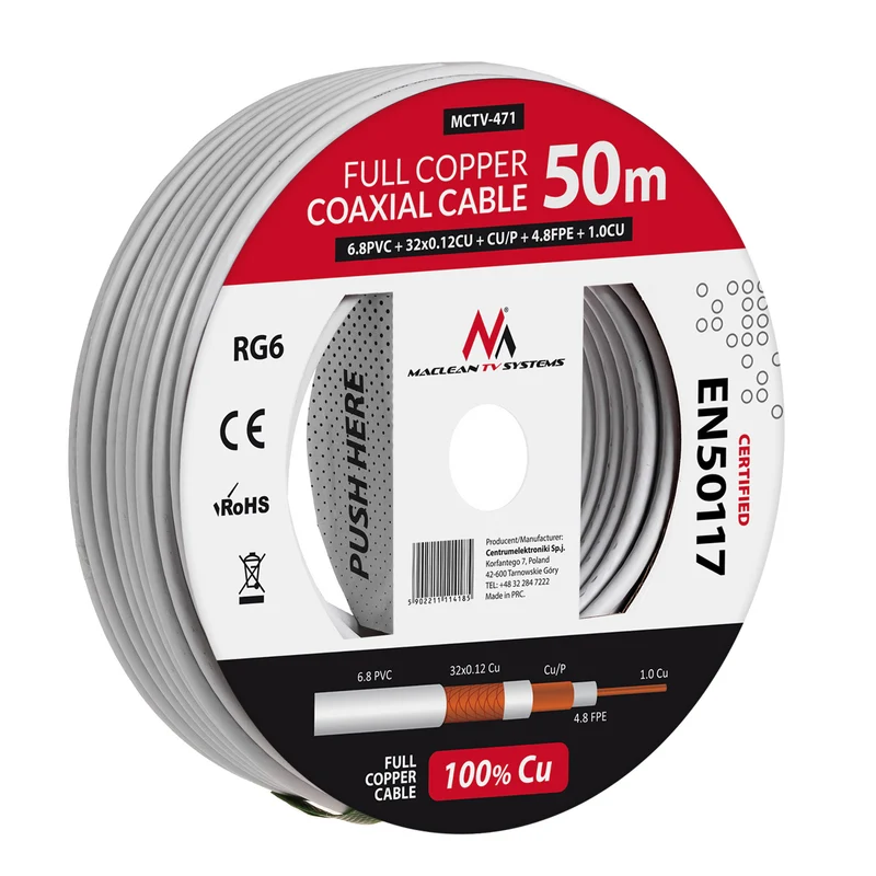 Maclean MCTV-471 Kabelkoaxialkabel RG6 50M 1.02CU + 4.8FPE + CU / P + 32 * 0.12CU + 6.8PVC