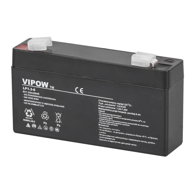 Vipow underhållsfritt gelbatteri 6V 1,3Ah, lång livslängd