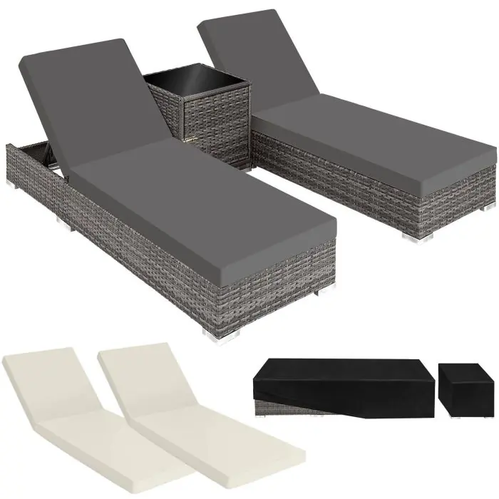 Tectake 2-pack of aluminum and rattan sun loungers, Nautica gray